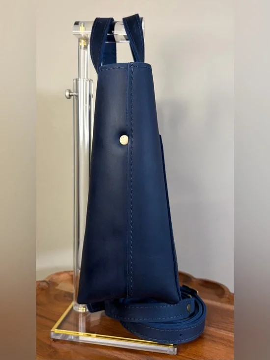 Portland Leather Mini Crossbody Tote Deep Water Blue EUC - Picture 9 of 15